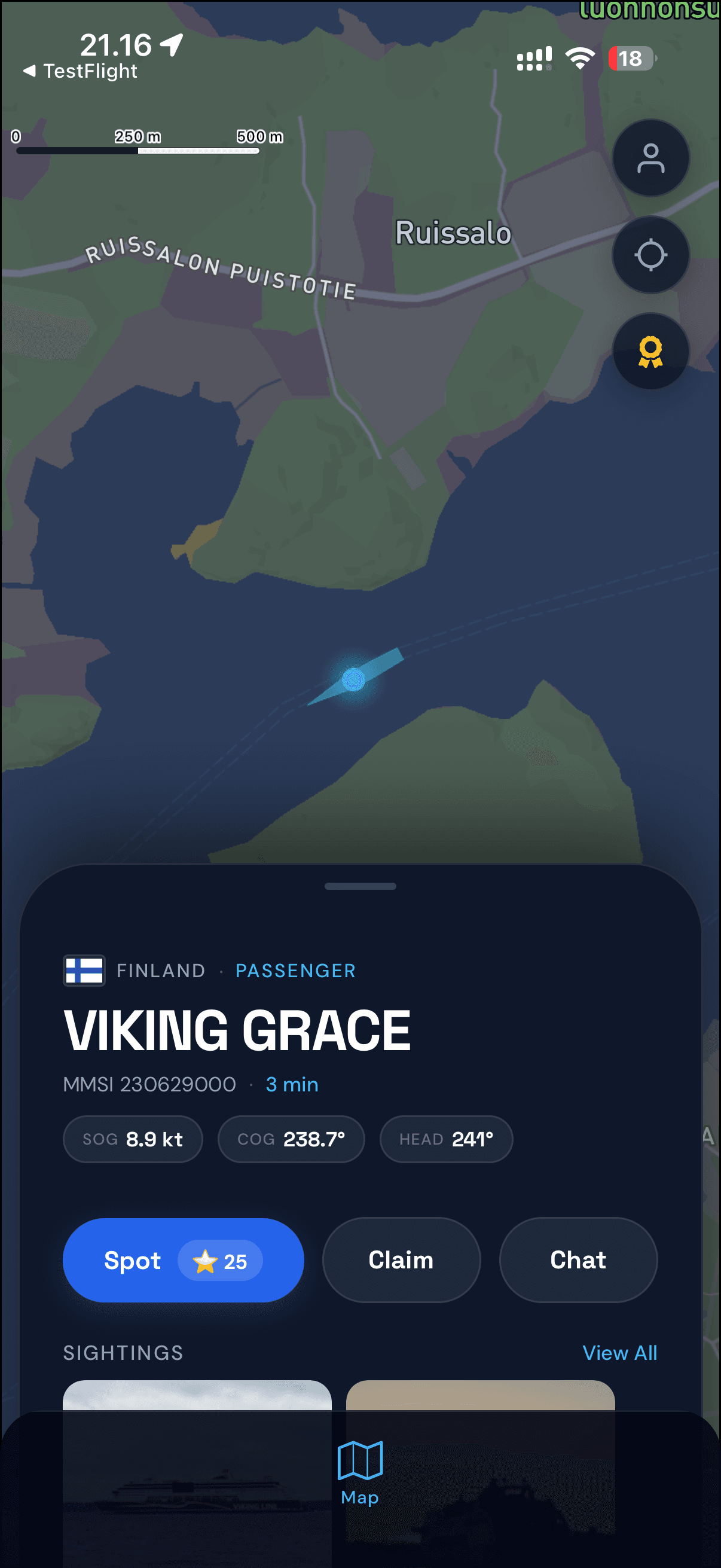 Viking Grace -lautan tietopaneeli Spot-, Claim- ja Chat-painikkeilla